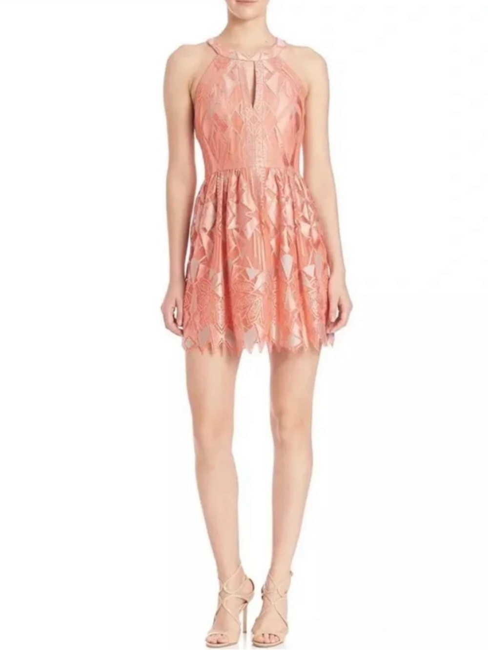 BCBGMaxAzria Megyn Coral Lace Halter Fit-and-Flare Mini Dress